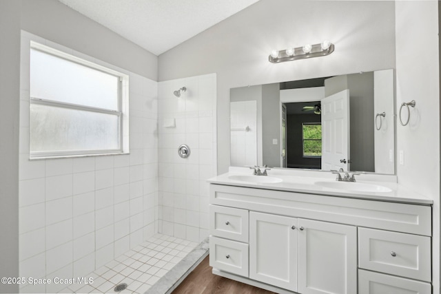 bathroom with a wealth of natural light, a tile shower, double vanity, and a sink