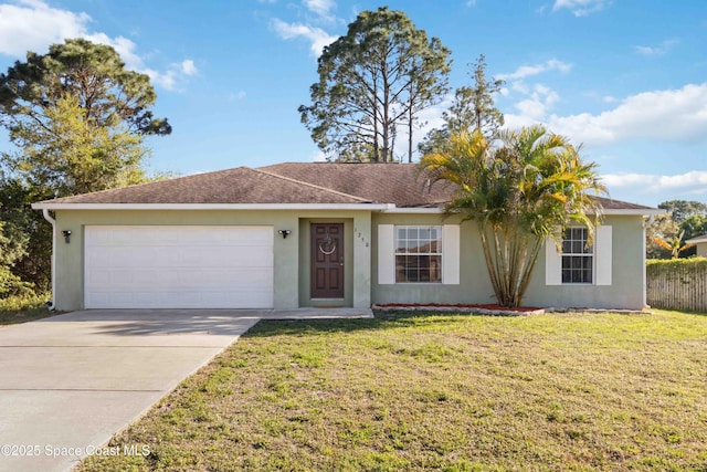 ranch-style house with a garage, driveway, a front lawn, and stucco siding