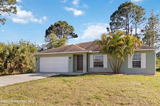 ranch-style house featuring a garage, stucco siding, concrete driveway, and a front yard