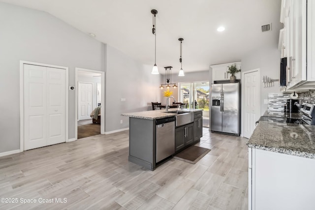 kitchen featuring a center island with sink, a sink, stainless steel appliances, white cabinets, and backsplash