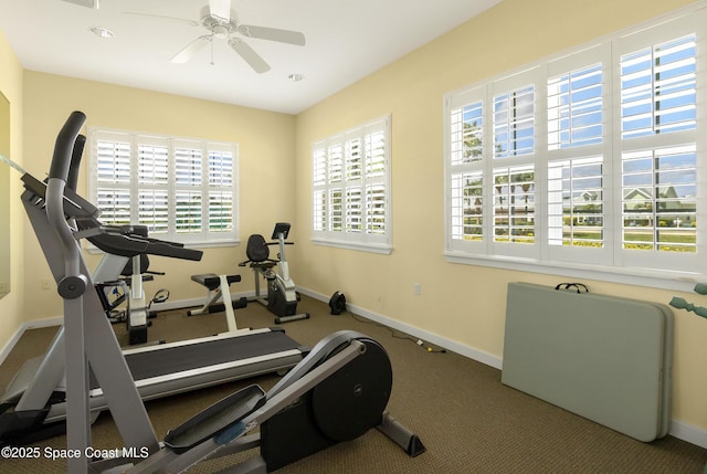 exercise room featuring ceiling fan, carpet, and baseboards