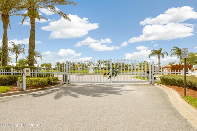 view of street featuring a gate, curbs, and a gated entry