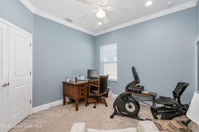 office space with visible vents, baseboards, a ceiling fan, and crown molding