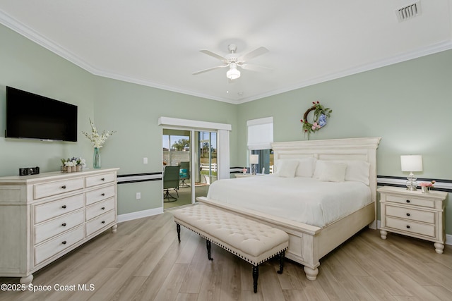 bedroom featuring baseboards, visible vents, ornamental molding, access to outside, and light wood-type flooring