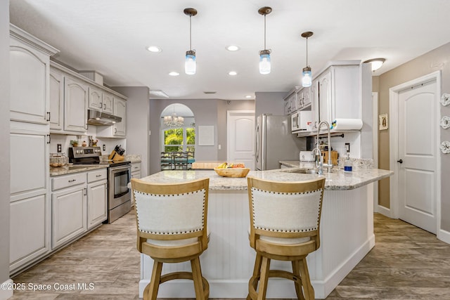 kitchen with under cabinet range hood, stainless steel appliances, a peninsula, and light wood-style flooring