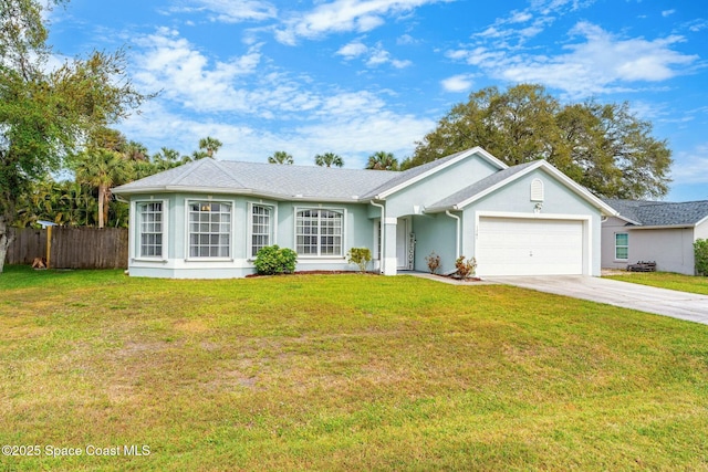 ranch-style house featuring stucco siding, a front lawn, fence, concrete driveway, and a garage