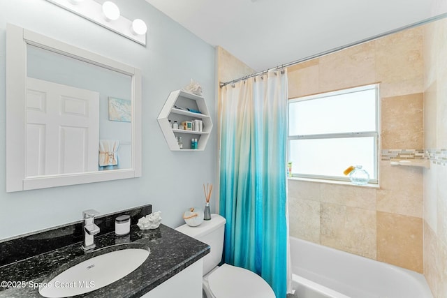 bathroom featuring toilet, vanity, and shower / bathtub combination with curtain