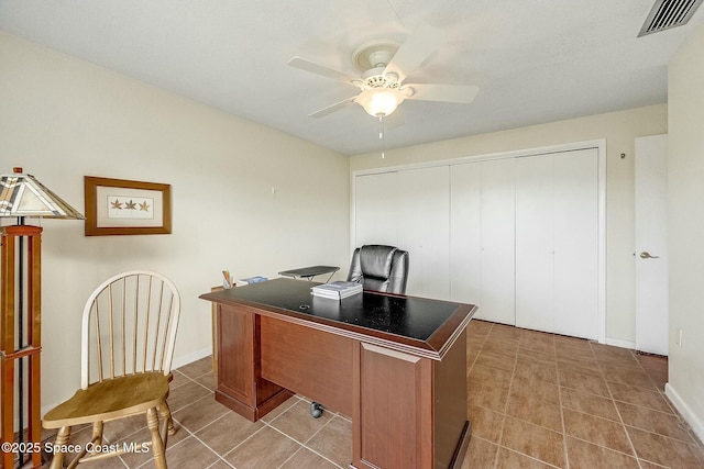 office space with light tile patterned floors, visible vents, and ceiling fan