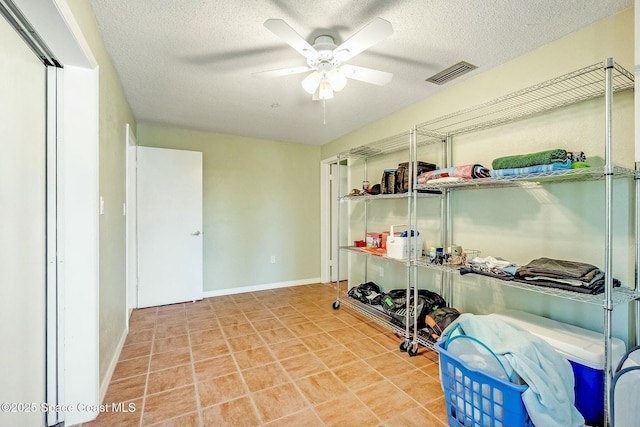 storage room featuring visible vents and ceiling fan