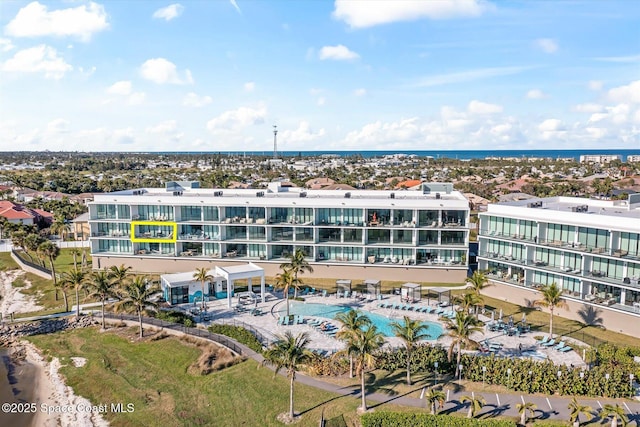 drone / aerial view featuring a water view