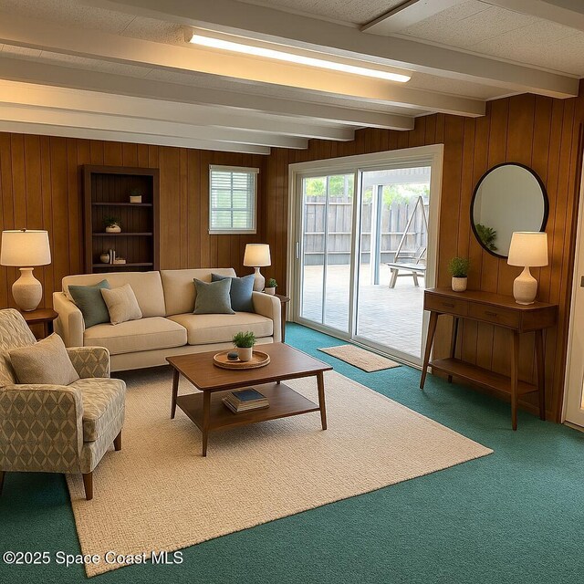 324 Harbor Dr, Cape Canaveral, FL 32920 - living room featuring beam ceiling, carpet floors, and wood walls