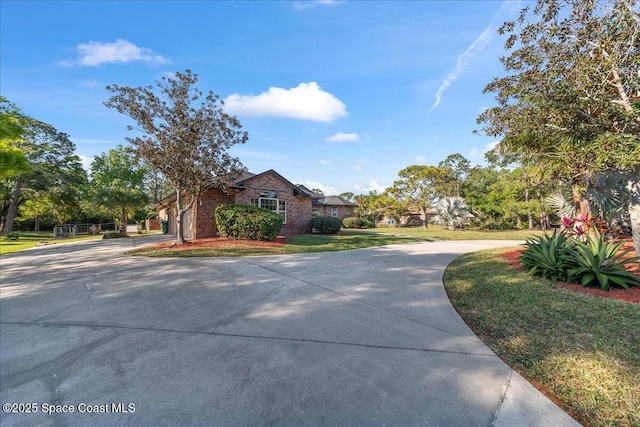 view of front of home featuring an attached garage, brick siding, and curved driveway