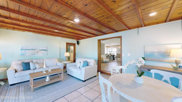 living room featuring light tile patterned floors, beam ceiling, and wooden ceiling