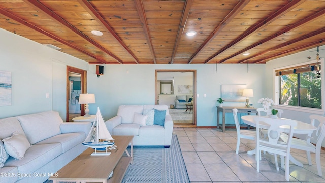 living area with light tile patterned floors, beamed ceiling, wooden ceiling, and baseboards