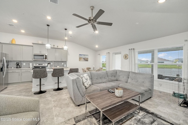 living room with recessed lighting, visible vents, lofted ceiling, and ceiling fan