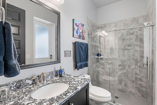 bathroom featuring vanity, a shower stall, and toilet