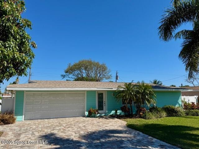 single story home featuring an attached garage, decorative driveway, and a front lawn