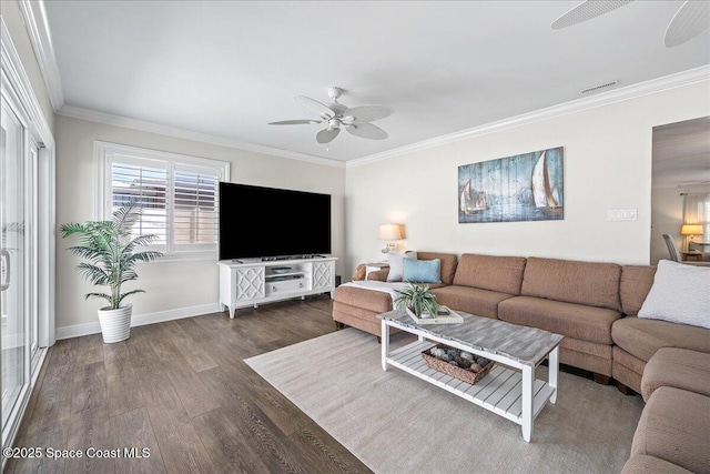 380 Greenway Ave, Satellite Beach, FL 32937 - living room with baseboards, wood finished floors, a ceiling fan, and ornamental molding