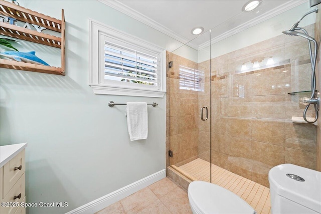 380 Greenway Ave, Satellite Beach, FL 32937 - bathroom featuring baseboards, toilet, ornamental molding, a stall shower, and tile patterned floors