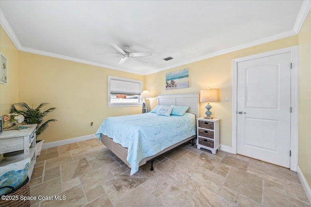 380 Greenway Ave, Satellite Beach, FL 32937 - bedroom featuring visible vents, crown molding, baseboards, stone finish floor, and a ceiling fan