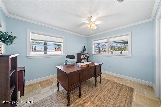 380 Greenway Ave, Satellite Beach, FL 32937 - office area featuring stone tile flooring, ceiling fan, and baseboards