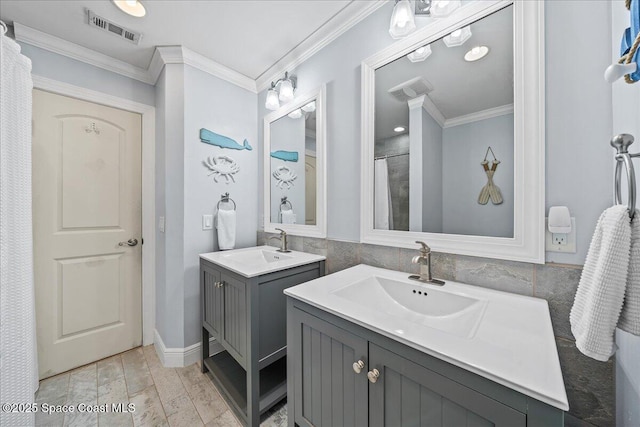 380 Greenway Ave, Satellite Beach, FL 32937 - full bath with a sink, visible vents, wood finished floors, and crown molding