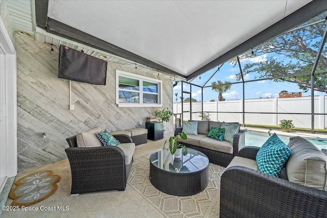 380 Greenway Ave, Satellite Beach, FL 32937 - exterior space featuring glass enclosure, outdoor lounge area, fence, and a fenced in pool