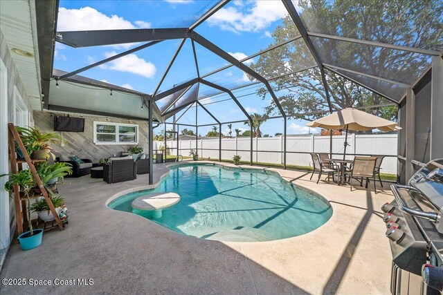 380 Greenway Ave, Satellite Beach, FL 32937 - view of swimming pool featuring a fenced backyard, a fenced in pool, an outdoor hangout area, a lanai, and a patio area