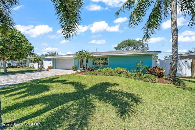 380 Greenway Ave, Satellite Beach, FL 32937 - view of front of house with decorative driveway, a front lawn, an attached garage, and fence