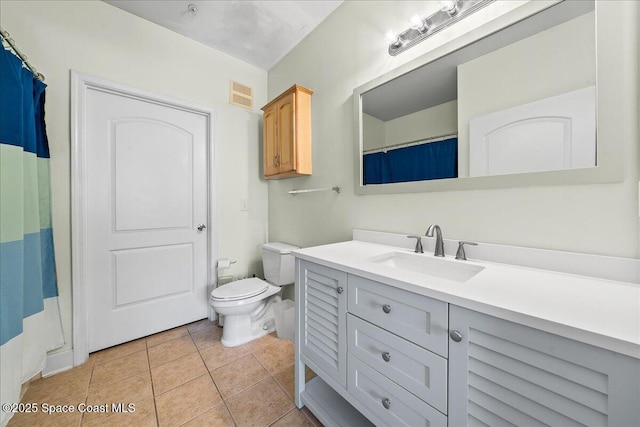 full bath with tile patterned flooring, toilet, vanity, and visible vents