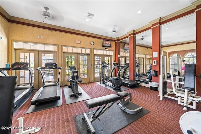 gym with carpet, visible vents, recessed lighting, french doors, and crown molding