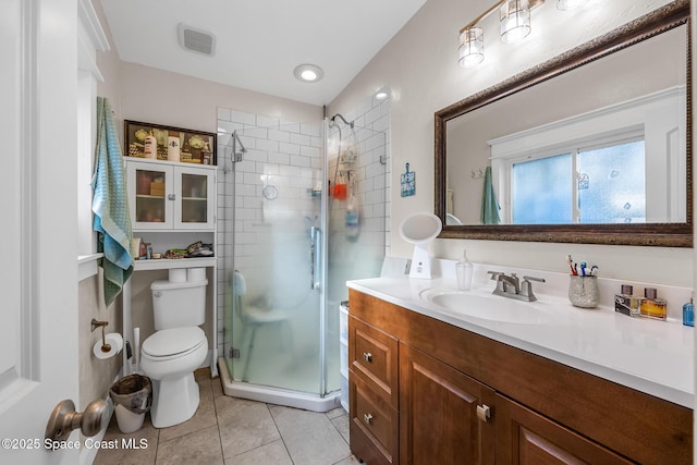 full bathroom with vanity, tile patterned flooring, a shower stall, and toilet