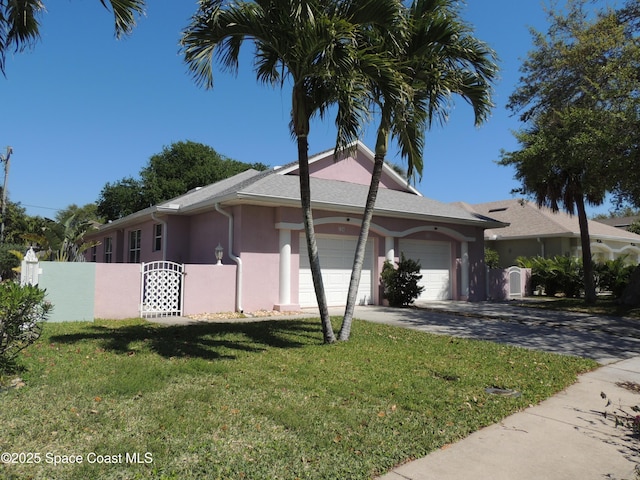 view of front facade with a gate, fence, a front lawn, a garage, and decorative driveway