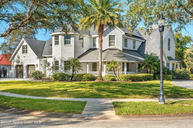 view of front of property featuring a garage, solar panels, and a front yard