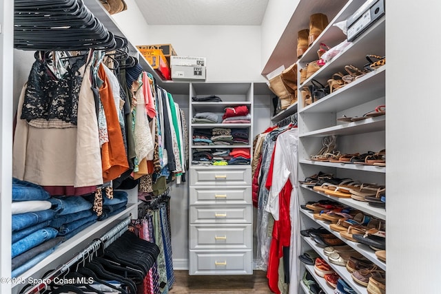 walk in closet with dark wood-style flooring