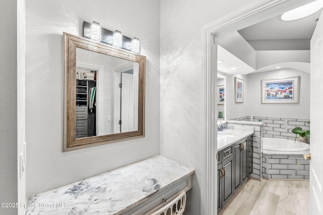 bathroom featuring vanity, a garden tub, and wood finished floors