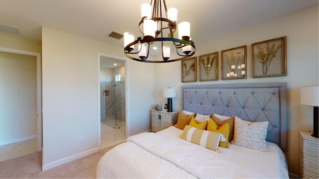 bedroom featuring visible vents, ensuite bath, carpet, baseboards, and a chandelier