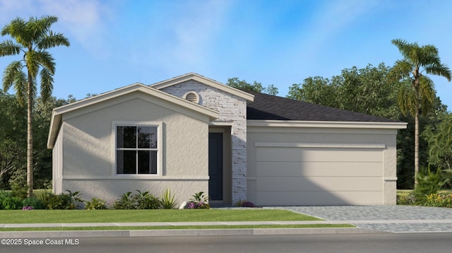 view of front of house with a shingled roof, stucco siding, decorative driveway, a garage, and stone siding