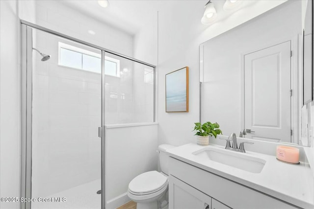 bathroom with a shower stall, toilet, and vanity
