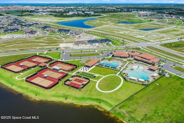 aerial view featuring a water view