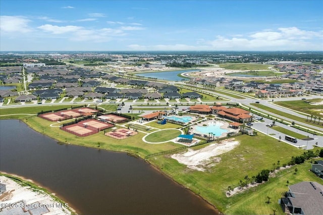 drone / aerial view featuring a water view