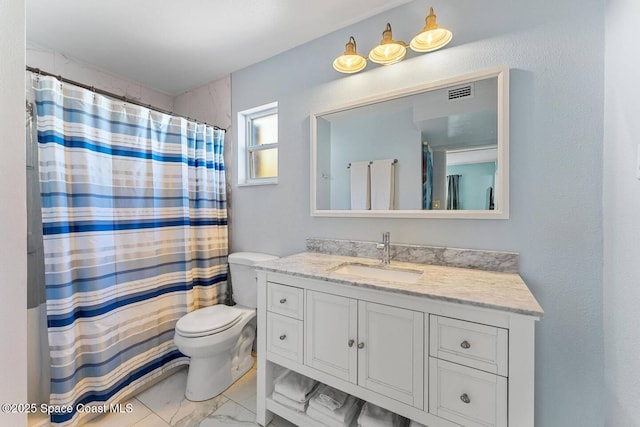 bathroom with vanity, visible vents, curtained shower, toilet, and marble finish floor