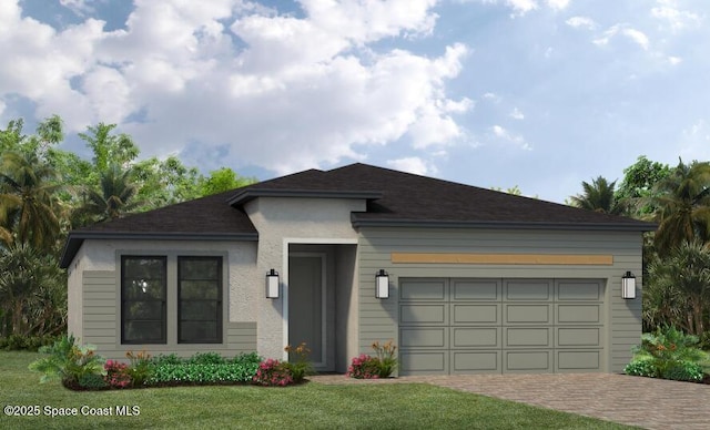 view of front of home with a front lawn, decorative driveway, an attached garage, and a shingled roof