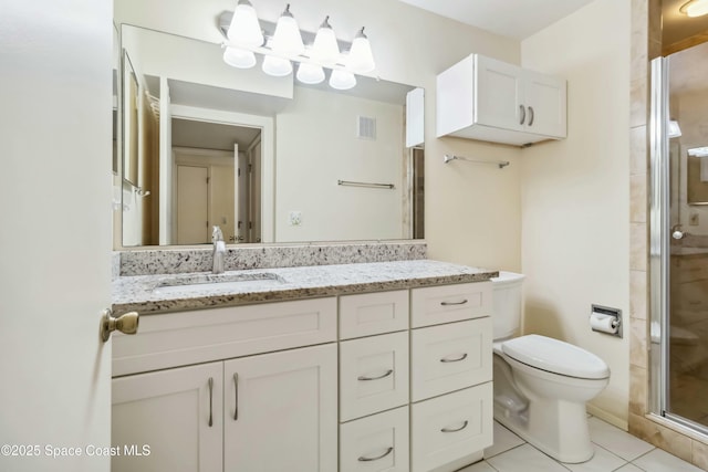 bathroom with tile patterned flooring, visible vents, a shower stall, toilet, and vanity