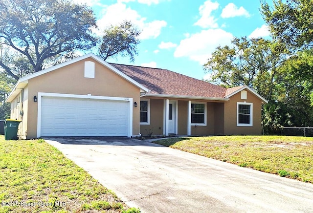 ranch-style home with a front yard, roof with shingles, stucco siding, a garage, and driveway