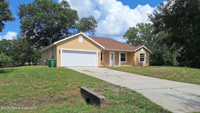 4240 Temple St, Cocoa, FL 32926 - ranch-style home with driveway, stucco siding, a front yard, and a garage