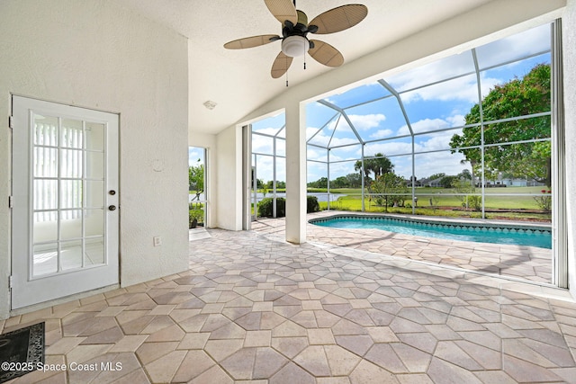 4942 Worthington Cir, Rockledge, FL 32955 - outdoor pool featuring a patio, ceiling fan, and glass enclosure