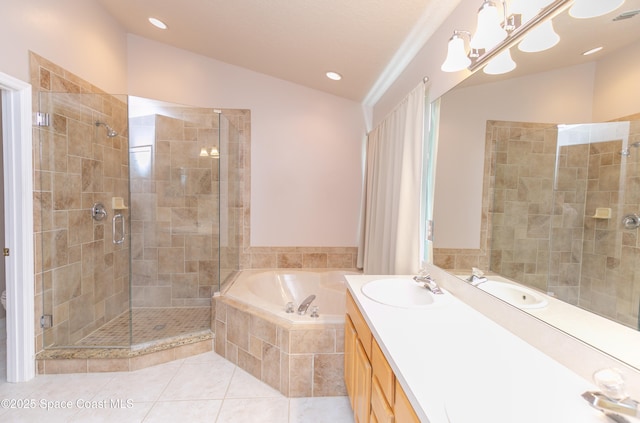 full bath with lofted ceiling, double vanity, a stall shower, a bath, and tile patterned floors