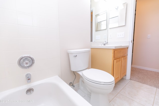 full bathroom featuring vanity, washtub / shower combination, baseboards, tile patterned flooring, and toilet