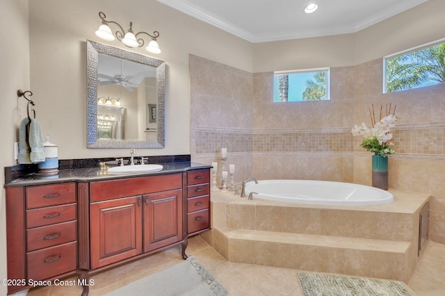 bathroom with a bath, tile patterned flooring, vanity, and ornamental molding